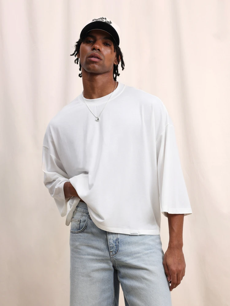 Camiseta Casual Masculina de Manga Três Quartos, Gola Careca, Ajuste Regular, Básica Sólida, Confortável para o Dia a Dia