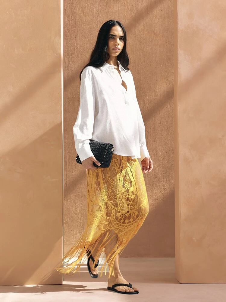 KSTM Women's Golden Yellow Lace Maxi Skirt With Long Fringe Tassels Boho Festival Beach Cover Up Summer