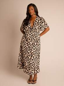 FASHION SZN Vestido midi con estampado de leopardo y nudo delantero para mujer de talla grande, elegante y chic para ocasiones, fiestas de cumpleaños, vacaciones de verano. Vestido de manga corta, corte holgado, estampado animal sexy y elegante para brunch - Multicolor - Ver 6