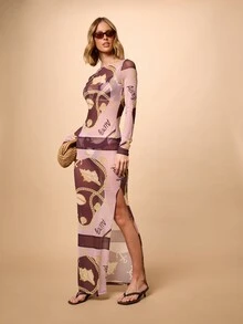 AiiRZ Vestido maxi de mujer de manga larga, de malla y ajustado, con estampado de cadena náutica para fiestas y ocasiones de noche - Multicolor - Ver 4