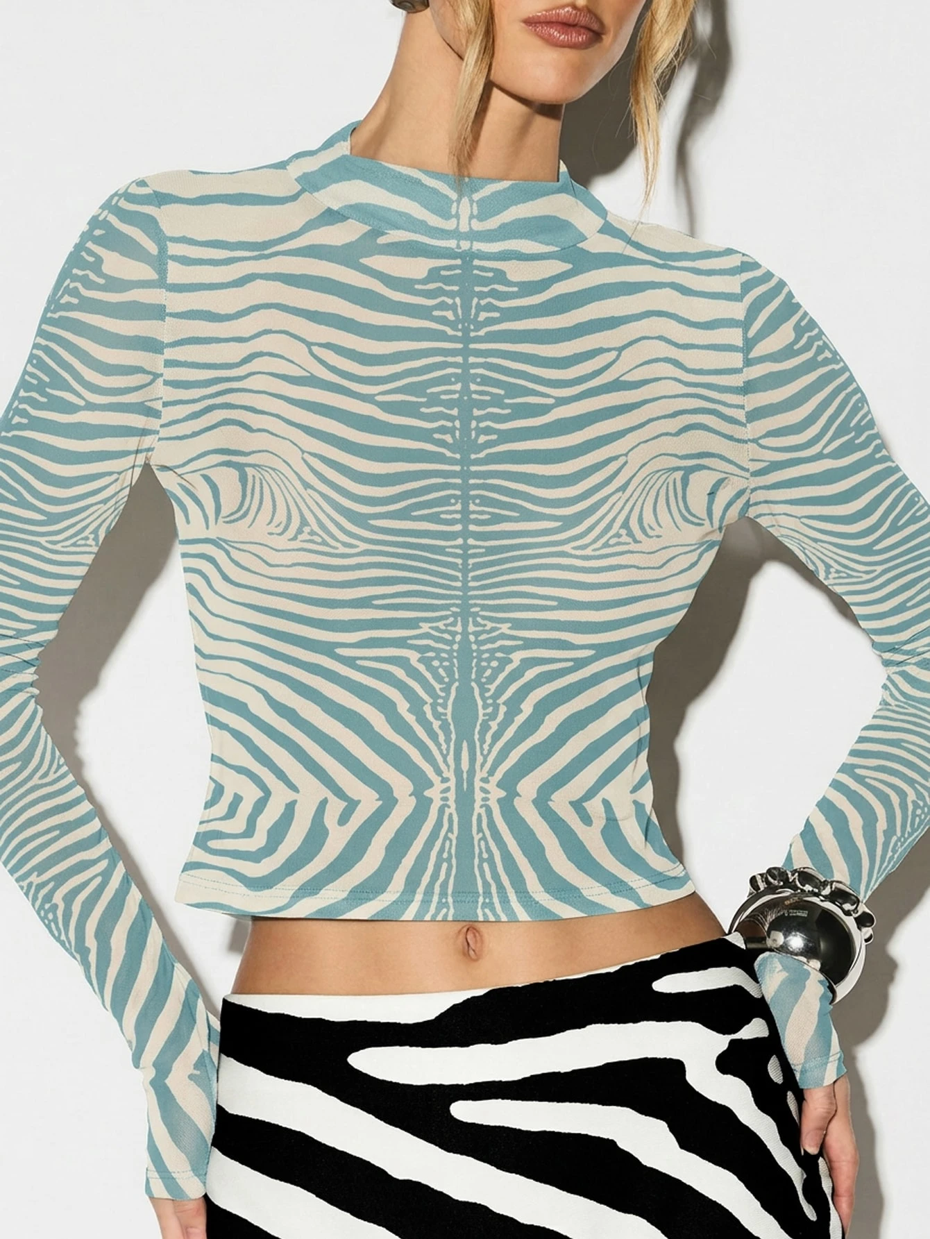 KIZN Zebra Print Mesh Long Sleeve Top