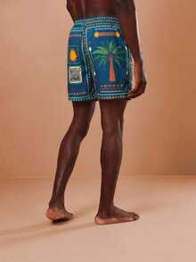 SUMWON Regular Men's Tropical Palm Tree Swim Shorts With Sun And Geometric Prints Beach Vacation Summer - Teal Blue - View 2