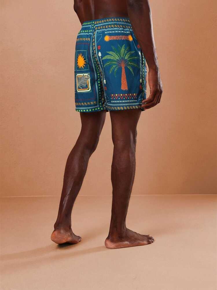 Regular Men's Tropical Palm Tree Swim Shorts With Sun And Geometric Prints Beach Vacation Summer