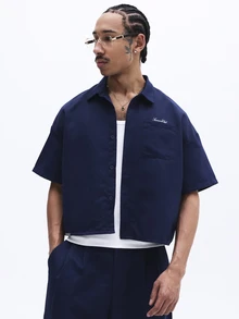 SUMWON 藏蓝色短袖衬衫搭配阔腿休闲裤两件套夏季服装 - 藏蓝色 - 查看 3