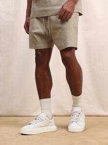SUMWON Mens Ribbed Short Sleeve Henley T-Shirt And Shorts Co-Ord Set Summer Casual Two Piece Outfit Loungewear Matching Set - Khaki - View 4