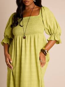 FASHION SZN Plus Size Dresses Bardot Off Shoulder Summer Holiday Vacation Festival Ibiza Loose Fit Midi Ladies Casual Boho Sun Dress Women Curve Long Maxi Clothes - Green - View 3