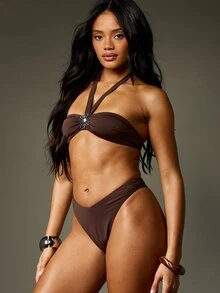 MISSGUIDED Bộ bikini hai mảnh màu nâu dành cho nữ, kiểu yếm buộc cổ, có chi tiết vòng kim loại, xếp ly, thích hợp cho mùa hè, đi biển hoặc hồ bơi. - màu nâu - Xem 5