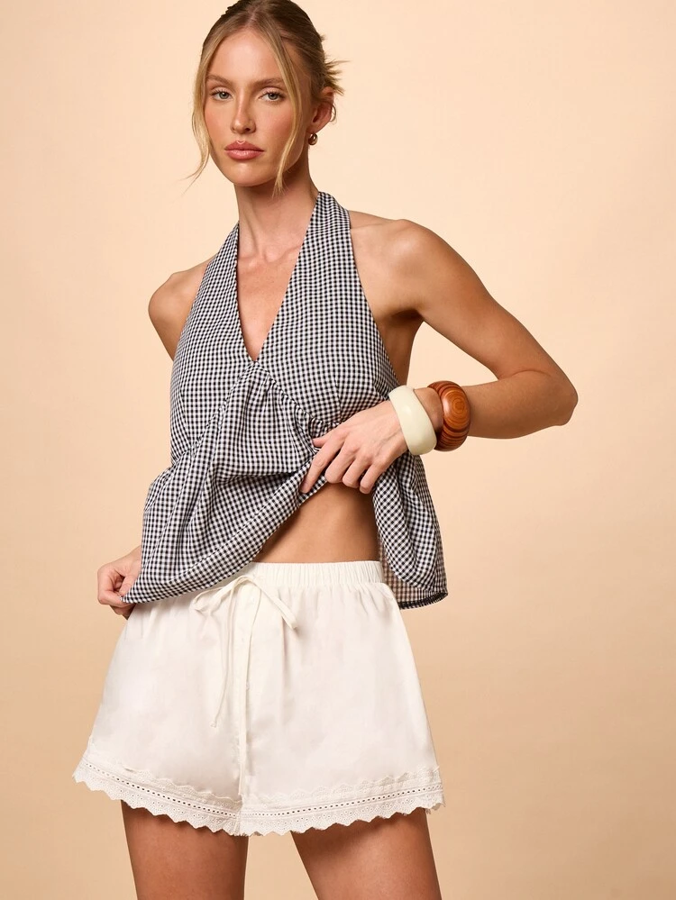 White Lace Trim A Line Bermuda Shorts With Drawstring