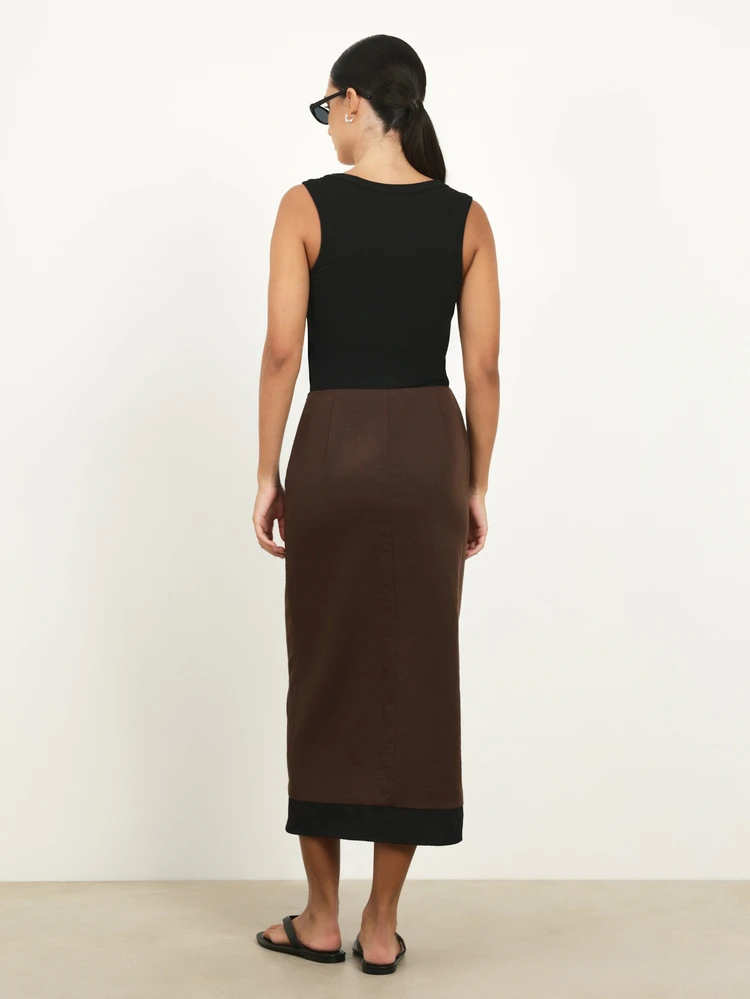 KSTM Women's Brown Midi Wrap Skirt With Black Contrast Ruffle Detail Asymmetric Hem