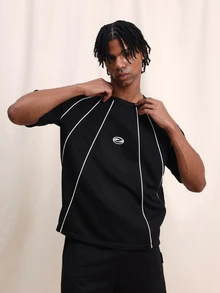 Men's Black Oversized T-Shirt And Shorts Set With White Contrast Piping Detail Sports Casual Summer Coordinate Two Piece Outfit - Black - View 3