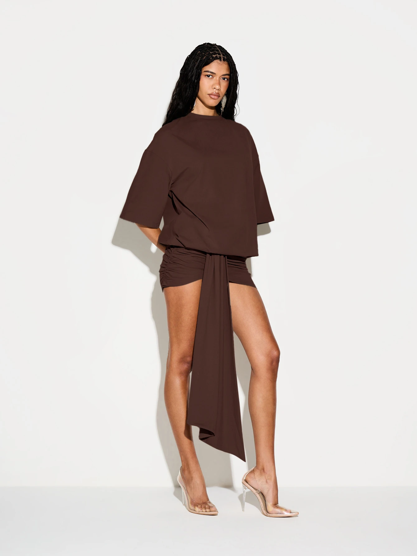 KIZN Ruched Side Tie Mini Dress With Three Quarter Sleeves