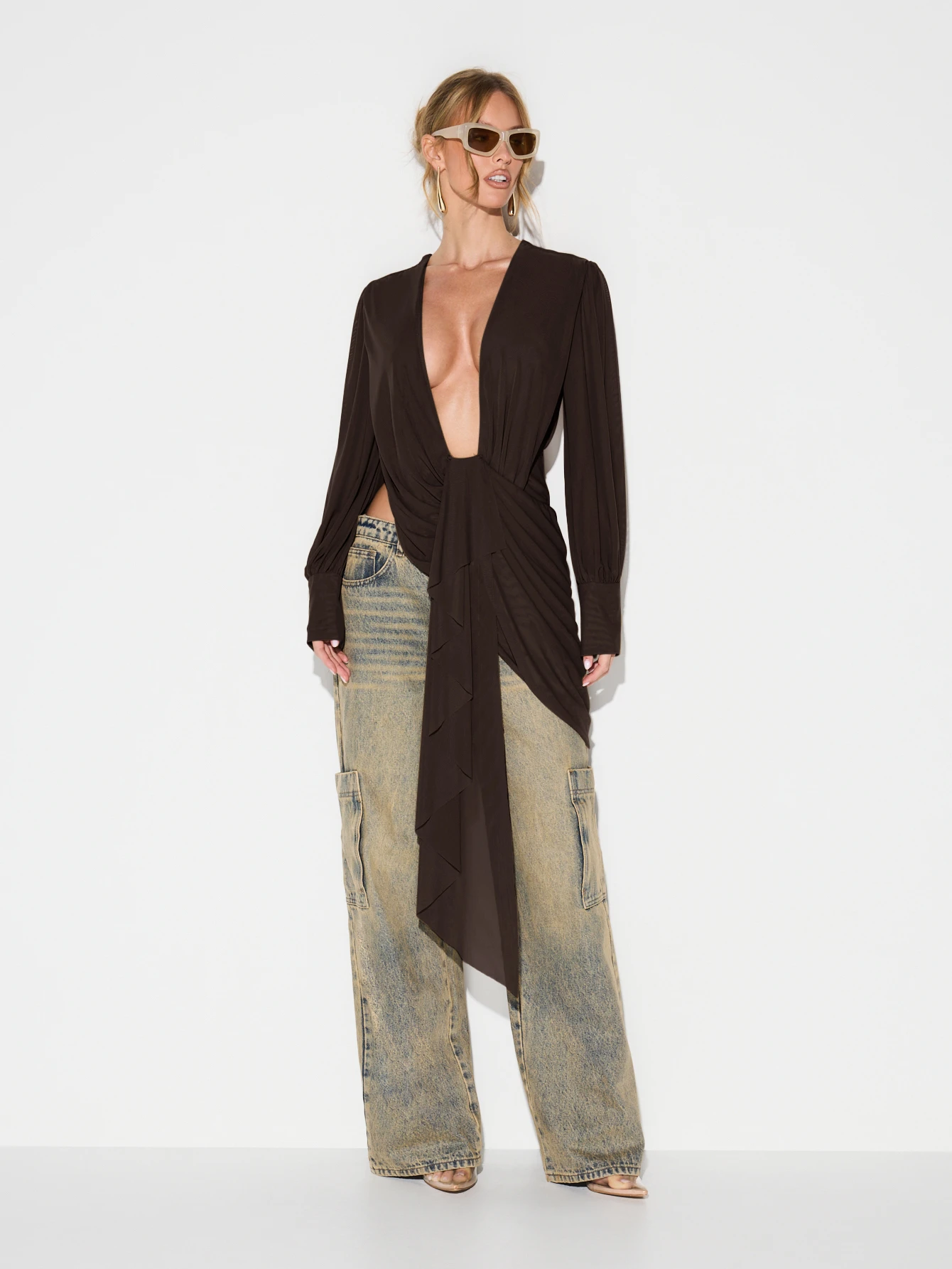 KIZN Deep V Neck Mesh Cowl Drape Blouse With Open Back