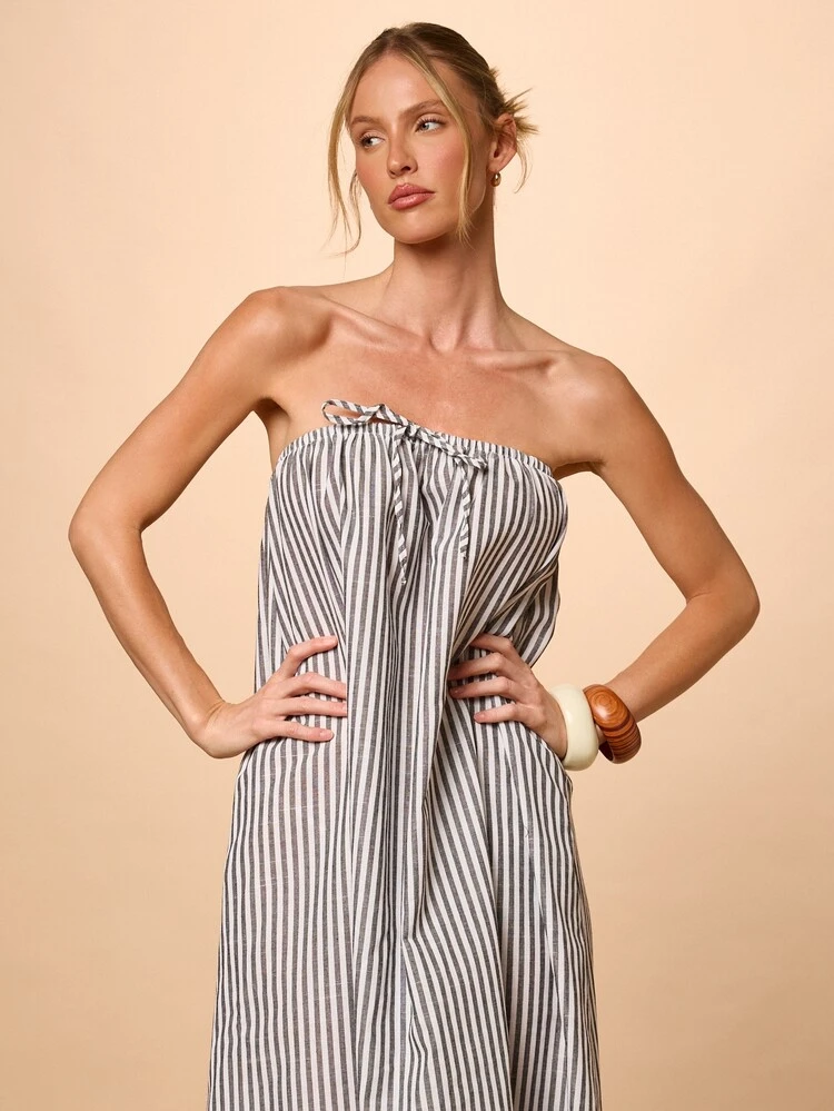 Strapless Striped Bandeau Maxi Dress With Ruffle Hem