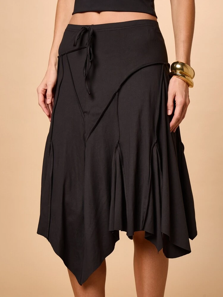 Black Asymmetric Midi Skirt With Tie Detail