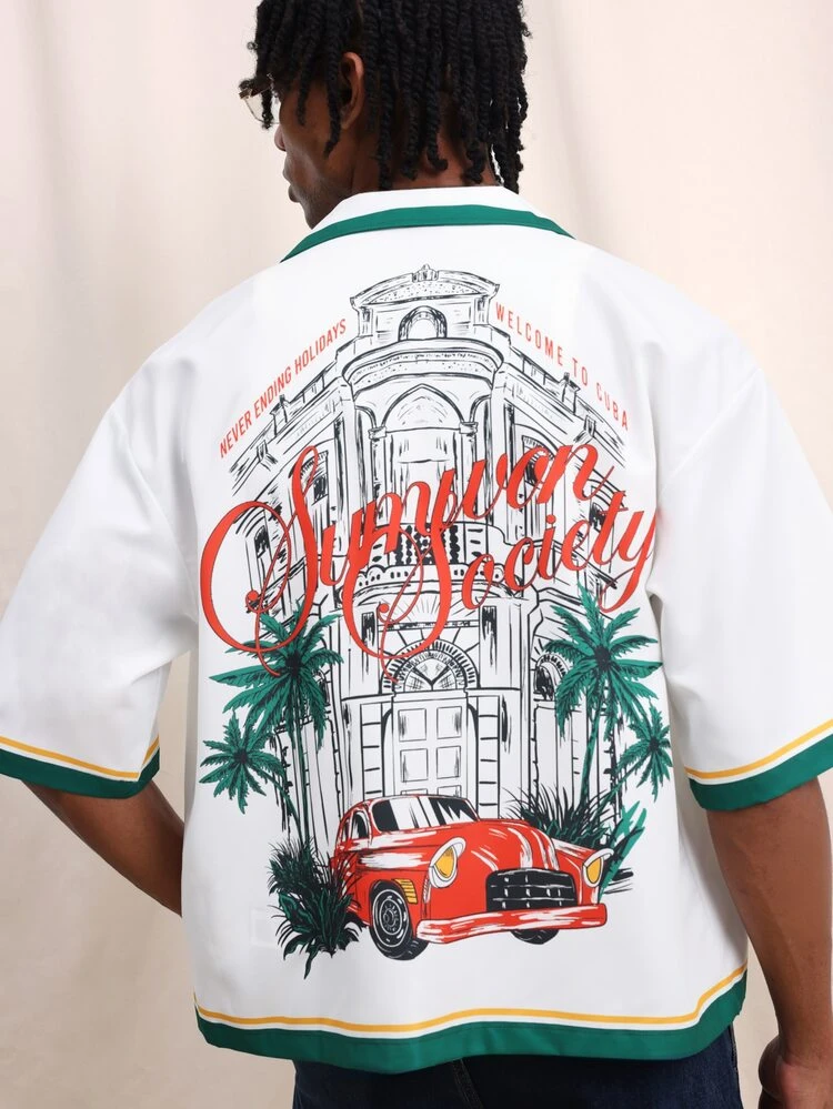 Men's Boxy Fit Revere Collar Tropical Resort Shirt With Full Back Graphic Print Vintage Car Palm Trees Short Sleeve Button Front Vacation Summer Shirt