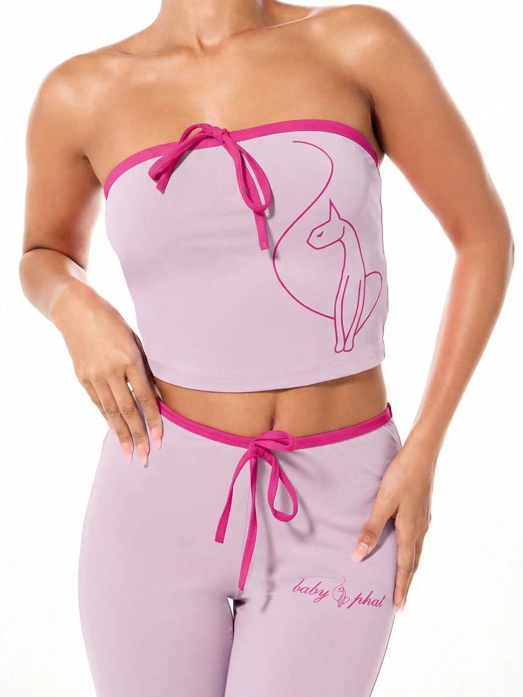 BABYPHAT Women's Bandeau Jersey Top With Tie Detail Strapless Crop Top Casual Summer Fashion