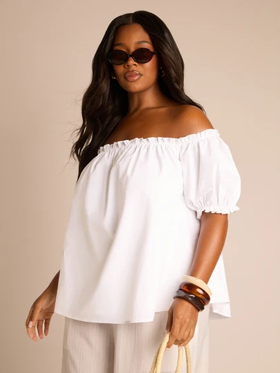 FASHION SZN Blusa blanca holgada de algodón popelín con hombros descubiertos, estilo casual de vacaciones, talla grande, manga abullonada, sexy, linda, elegante, bohemia