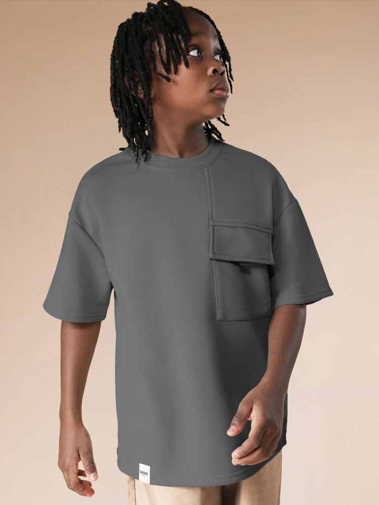 Boys Oversized Utility Pocket T-Shirt Crew Neck Short Sleeve Casual Streetwear Top