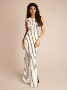 FASHION SZN Womens Textured Stripe Sleeveless Maxi Dress Casual Summer Day Dress City Break Holiday Vacation Outfit Side Split Sun Dress Elegant Chic Long Dresses White Dress Elegant - Black and White - View 4