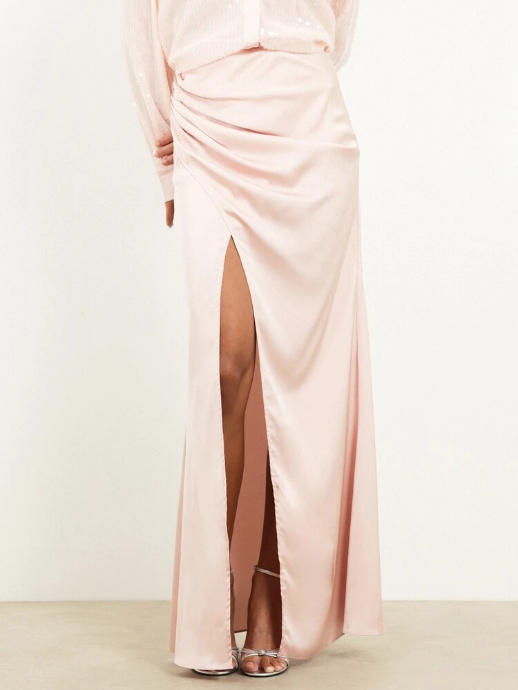 KSTM Women's Draped Wrap Maxi Skirt With High Side Slit For Evening Party Occasion