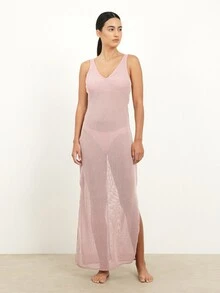 KSTM Women's Deep V Neck Sleeveless Maxi Cover Up Dress With Side Slit And Twist Back Detail Beach Resort Vacation Summer - Multicolor - View 1