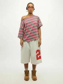 SUMWON WOMEN Áo thun nữ kẻ sọc trễ vai, tay ngắn, màu hồng xám, dáng rộng thoải mái, thắt nút, thích hợp cho mùa hè. - Nhiều màu - Xem 5