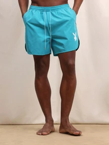PLAYBOY X SUMWON 男士抽绳泳裤，兔子图案印花，夏季沙滩泳裤，松紧腰带，休闲泳装 - 水鴨藍 - 查看 4