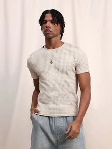 SUMWON Men Textured Crew Neck Short Sleeve T-Shirt Casual Regular Fit Ribbed Tee Summer Spring Wardrobe Essential - Apricot - View 4