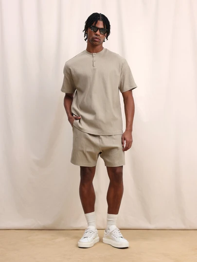 SUMWON Mens Ribbed Short Sleeve Henley T-Shirt And Shorts Co-Ord Set Summer Casual Two Piece Outfit Loungewear Matching Set