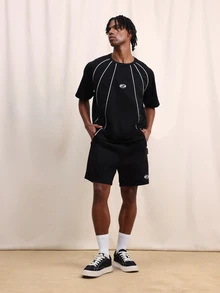 Men's Black Oversized T-Shirt And Shorts Set With White Contrast Piping Detail Sports Casual Summer Coordinate Two Piece Outfit - Black - View 5