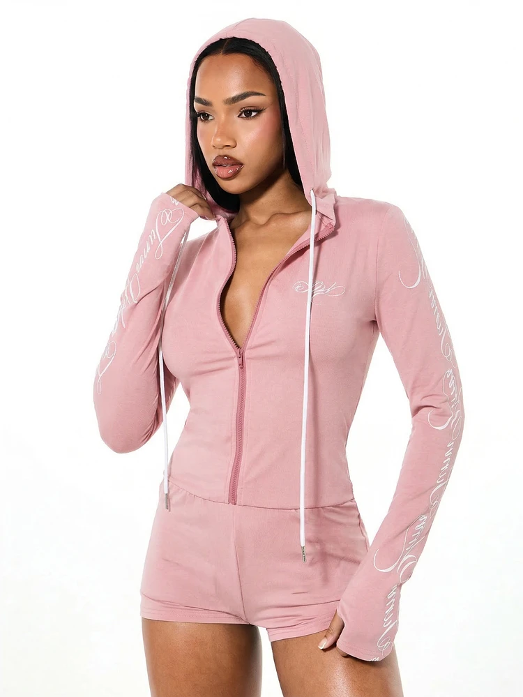 SUMWON WOMEN Damen Kapuzen-Reißverschluss Unitard mit Schrift-Muster Detail, langärmeliger figurbetonter Romper Freizeitkleidung Lässig Bodysuit