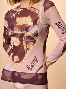 AiiRZ Vestido maxi de mujer de manga larga, de malla y ajustado, con estampado de cadena náutica para fiestas y ocasiones de noche - Multicolor - Ver 2