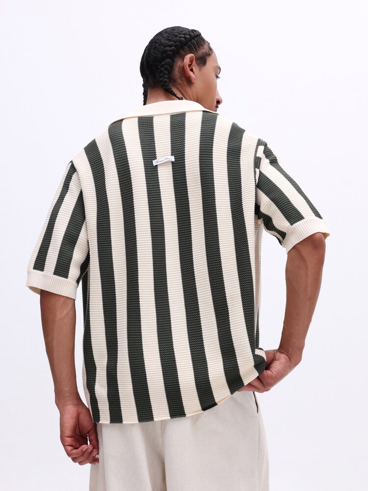 Men Relaxed Fit Open Knit Vertical Stripe Short Sleeve Resort Cardigan Summer Casual Button Front Layering Shirt