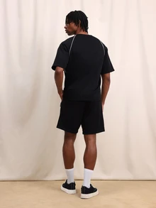 Men's Black Oversized T-Shirt And Shorts Set With White Contrast Piping Detail Sports Casual Summer Coordinate Two Piece Outfit - Black - View 2