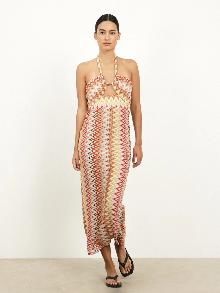 KSTM Halter Neck Multicolor Zig Zag Print Maxi Dress Keyhole Front Cutout Summer Beach Wedding Guest Evening Occasion Sleeveless Long Dress