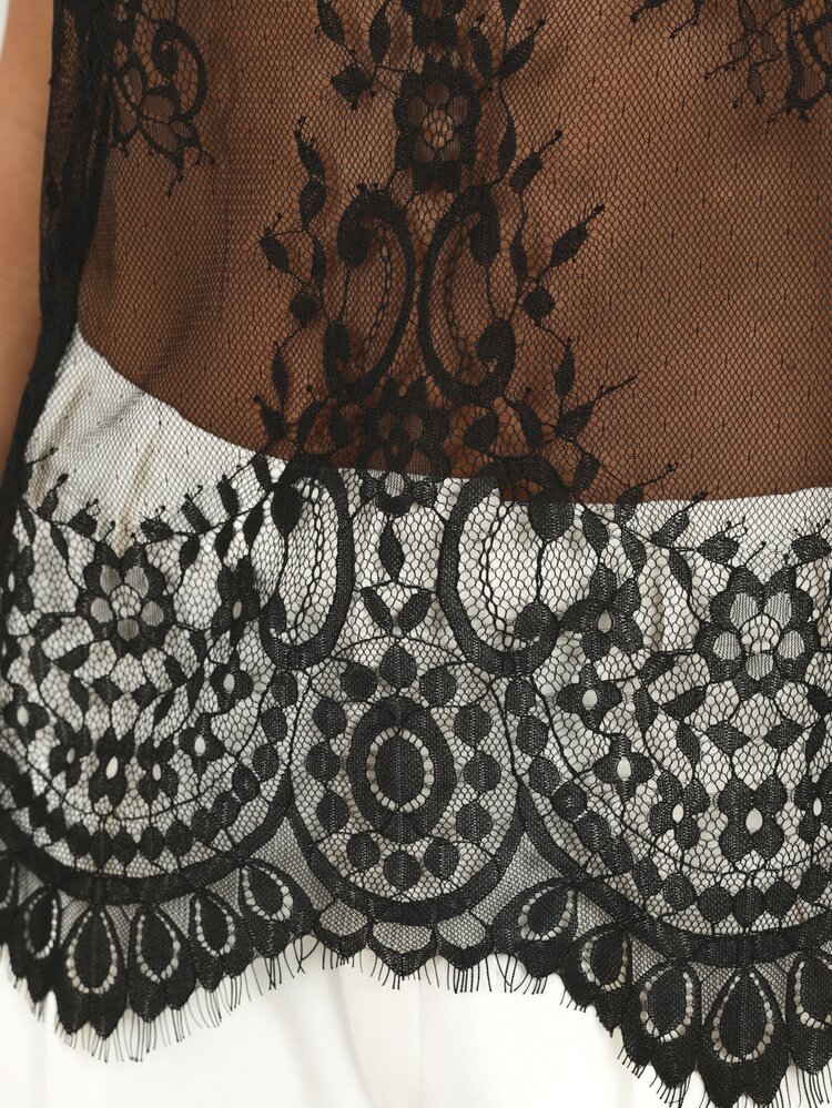 KSTM Women's Sleeveless Black Lace Halter Neck Top With Sheer Mesh Overlay And Scalloped Hem Detail For Evening Party Occasions