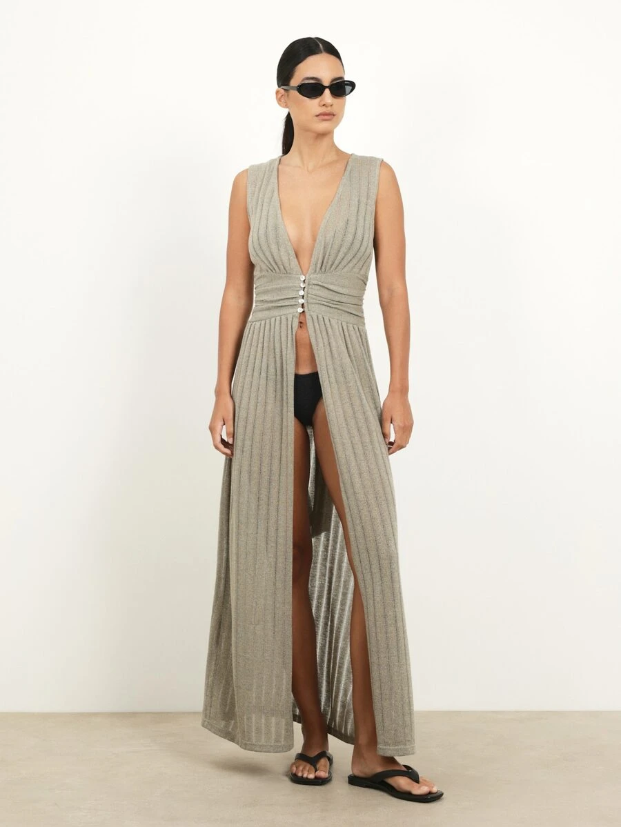 KSTM Đầm dài dáng suông dành cho nữ, cổ chữ V sâu, xẻ tà phía trước và thắt eo, thích hợp mặc đi biển trong kỳ nghỉ hè. - màu xanh lá - Xem 1