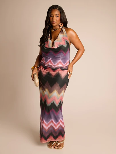 FASHION SZN Vestido maxi de talla grande para mujer con cuello halter sin mangas, cuello de vaca de malla, escote pronunciado, elegante y sexy para vacaciones, vestido de verano, fiesta, boda, ocasión especial, con tela elástica y cómoda, vestido maxi de verano con pliegues, ideal para viajes a Ibiza