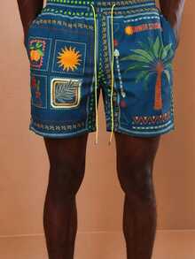 SUMWON Regular Men's Tropical Palm Tree Swim Shorts With Sun And Geometric Prints Beach Vacation Summer - Teal Blue - View 6