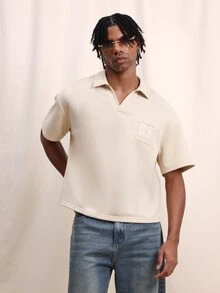 SUMWON Casual Cropped Box Fit Collared Polo Shirt With Applique Number Detail Short Sleeve Summer Top Men - Apricot - View 2