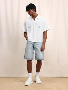 PLAYBOY X SUMWON Men's Classic Short Sleeve Polo Shirt With Logo Embroidery Chest Print Casual Everyday Wear Regular Fit Point Collar Waffle Texture Summer Spring - White - View 3