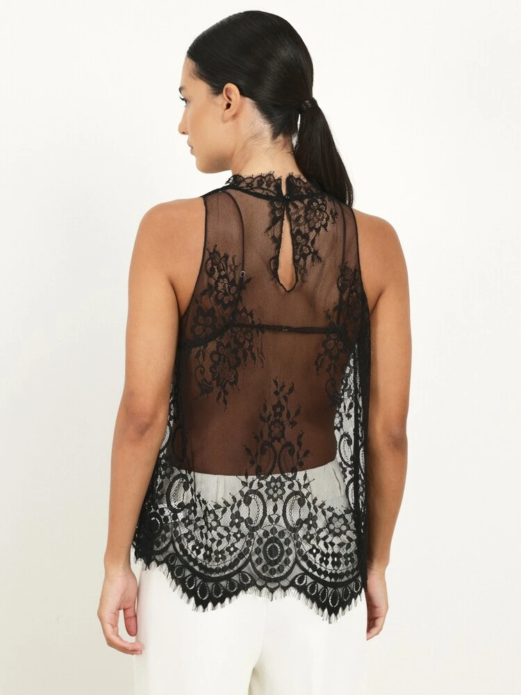 KSTM Women's Sleeveless Black Lace Halter Neck Top With Sheer Mesh Overlay And Scalloped Hem Detail For Evening Party Occasions