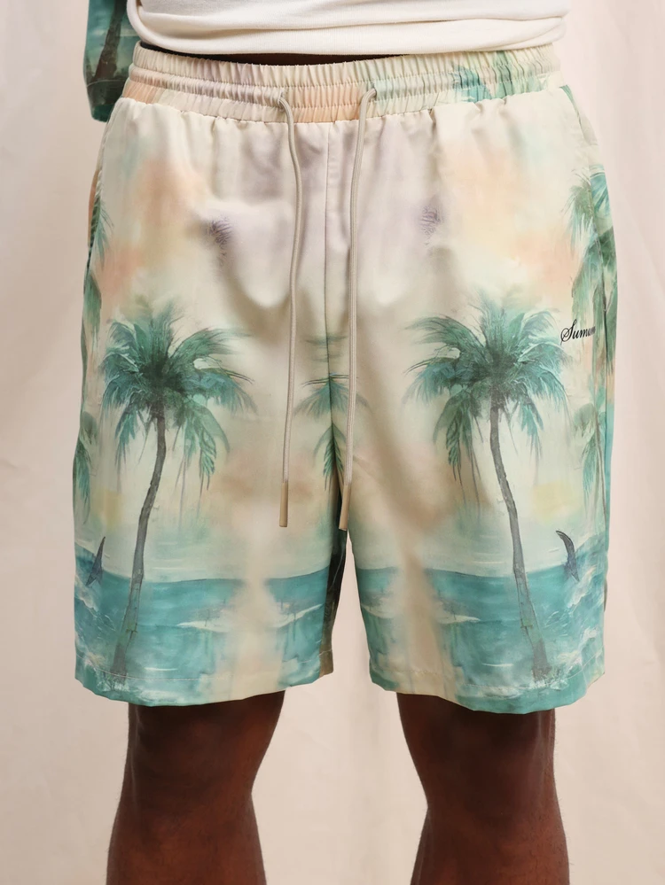 Conjunto de Camisa e Shorts Estampa de Árvore de Palma Tropical, Colarinho com Botões, Manga Curta, Praia, Resort, Casual, Conjunto de Verão