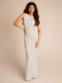 FASHION SZN Womens Textured Stripe Sleeveless Maxi Dress Casual Summer Day Dress City Break Holiday Vacation Outfit Side Split Sun Dress Elegant Chic Long Dresses White Dress Elegant - Black and White - View 5