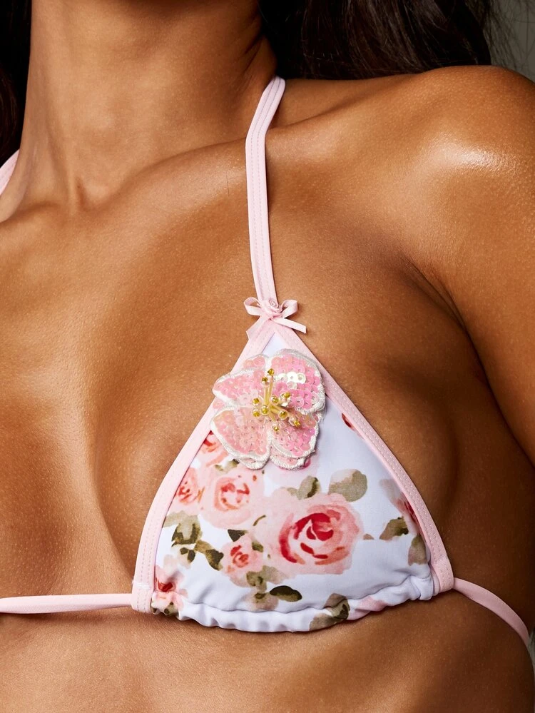 MISSGUIDED Women's Floral Triangle Bikini Set With Halter Neck Top And Tie Side Bottom Swimwear For Beach Vacation