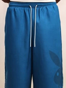 PLAYBOY X SUMWON Mens Blue Nylon Jorts Relaxed Fit Knee Length Graphic Print Summer Casual Basketball Shorts Wide Leg Drawstring Waistband Lightweight Streetwear - Blue - View 8