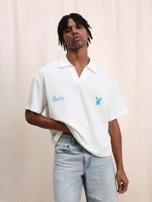 PLAYBOY X SUMWON Men's Classic Short Sleeve Polo Shirt With Logo Embroidery Chest Print Casual Everyday Wear Regular Fit Point Collar Waffle Texture Summer Spring - White - View 1