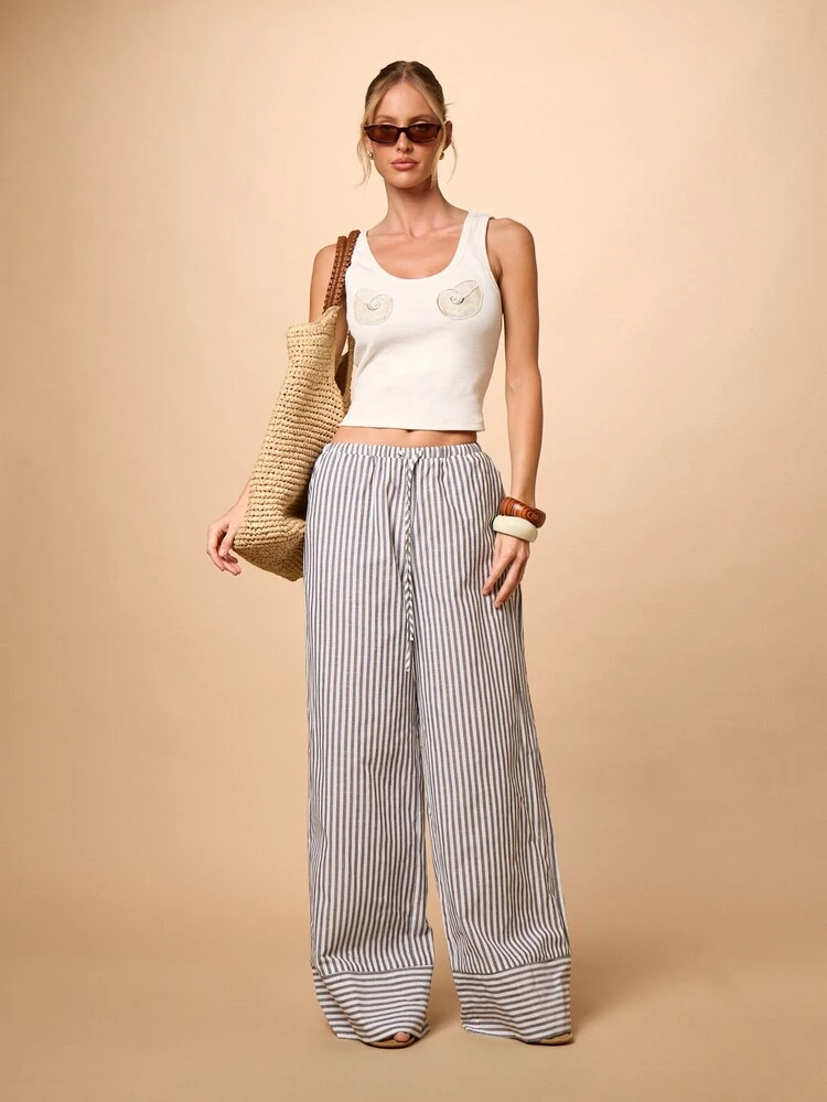 Striped Wide Leg Trousers With Contrast Hem