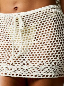 MISSGUIDED 女士钩针迷你沙滩罩裙夏季镂空针织度假沙滩装抽绳腰波西米亚风 - 白色 - 查看 5