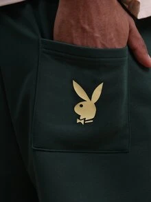 PLAYBOY X SUMWON 男士休闲夏季居家服，低裆针织短裤，带刺绣标志和侧袋 - 綠色 - 查看 8